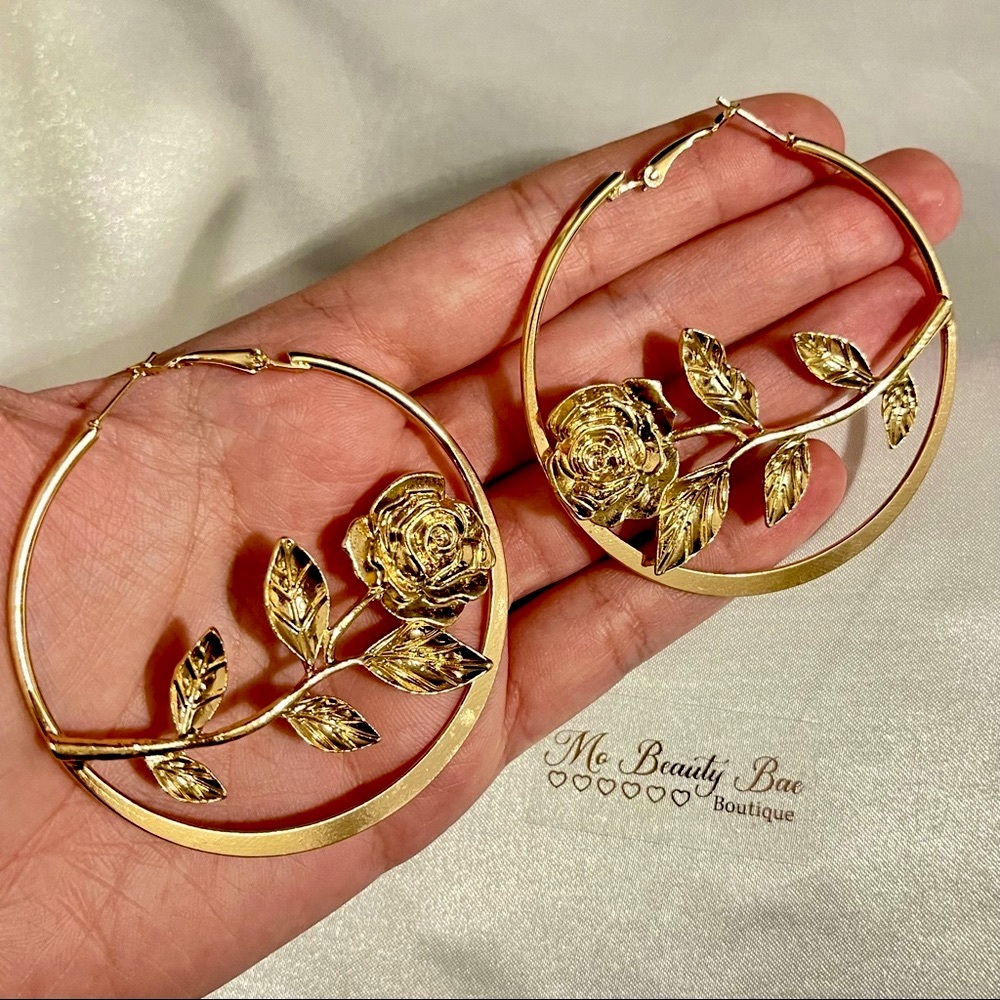 Gold Rose Hoop Earrings - Picture 4 of 6